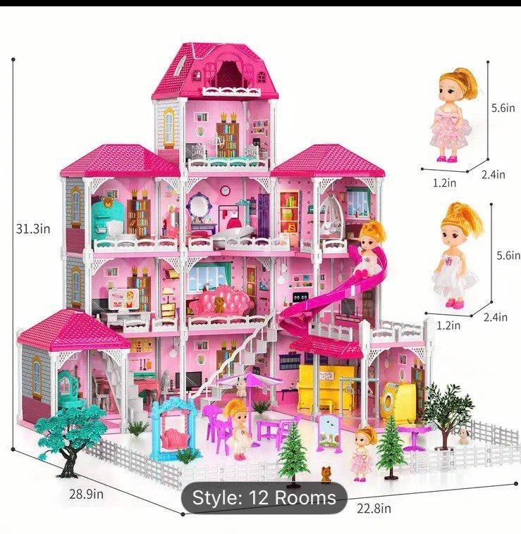 Casa de Muñecas Princess Mansion — 12 Cuartos con Tobogán y 4 Muñecas