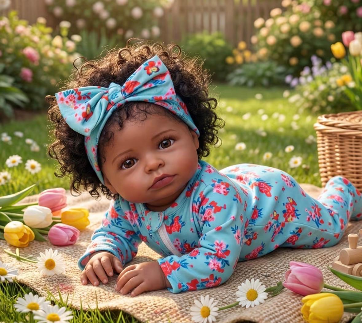 Muñeca Reborn Niña Afroamericana con Vincha Floral