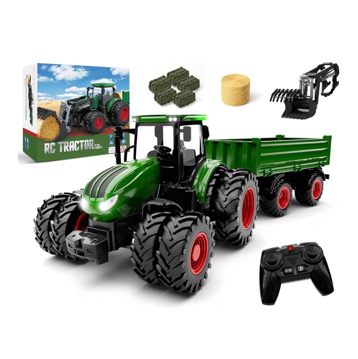 Tractor RC Verde con Remolque y Accesorios de Granja
